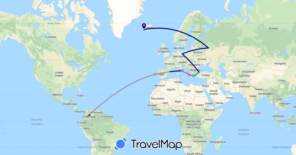 TravelMap itinerary: driving, bus, plane, train, motorbike in Colombia, Germany, Spain, Greece, Iceland, Italy, Russia, Turkey (Asia, Europe, South America)